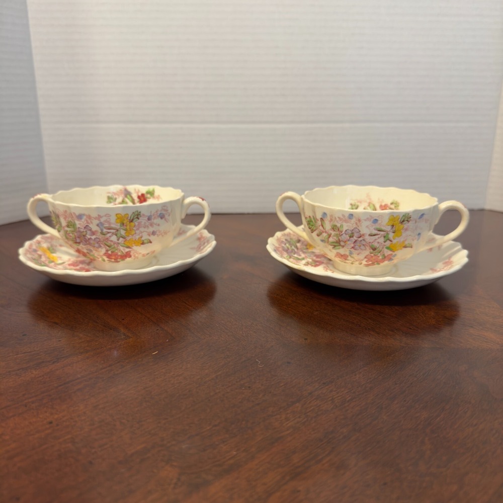 Set 2 Cream Soup Cups Handles Saucers  Vintage Spode FAIRY DELL Copeland England